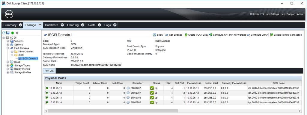 Open the Storage tab and navigate to Fault Domains > iscsi. Select the iscsi fault domain that will be used for the import process.