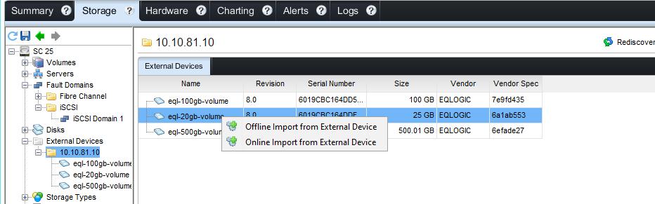 Volumes available for import are listed with a status of Up. 6. In the SC subtree, expand External Devices.