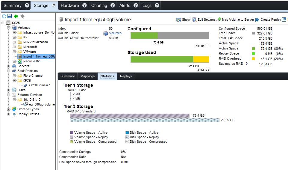 The Statistics tab shows the storage tier in which the imported data resides. 13. When the import has finished, the volume can be mapped to a server.