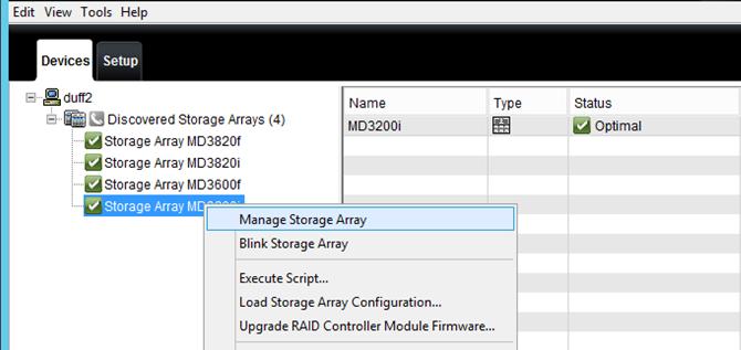 Importing MD3 Windows Server volumes 3. Under Discovered Storage Arrays, right-click the array to manage and select Manage Storage Array. 4.