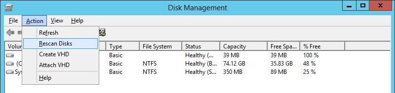 Importing MD3 Windows Server volumes 10. Click Action > Rescan Disks.