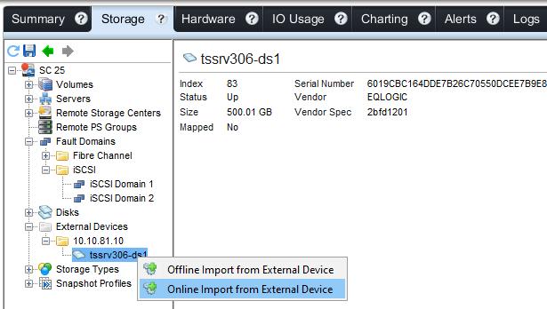Expand the External Devices folder to show the IP address of the PS Series array and the