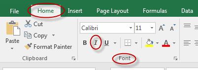 1. Select the cell or cells in which you wish to italicize the text. 2. On the Home tab, in the Font group, click the Italic command. To underline text in Microsoft Excel: 1.
