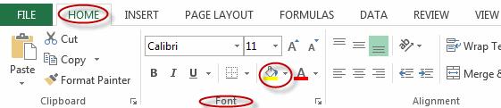 2. On the Home tab, in the Font group, click the arrow to the right of the Fill Color