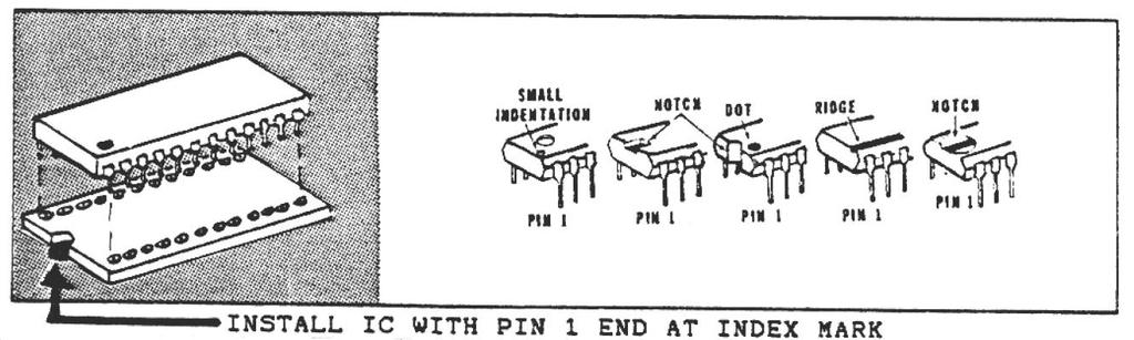 ( ) When installing the IC s, align the notch and/or dot with the index mark on the board as shown below. Be sure all the pins enter the holes of the socket, and then press the IC into its socket.