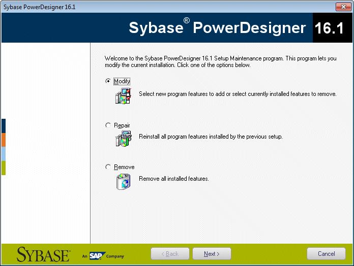 CHAPTER 2: Installing PowerDesigner Uninstalling PowerDesigner and Installation Maintenance After installing PowerDesigner on your machine, you can modify the installation by selecting Control Panel