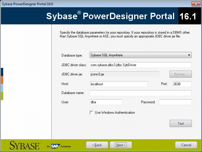 CHAPTER 3: Installing the Repository [for an application layer only install] The connection information page of the PowerDesigner Portal server lets