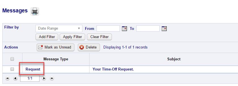 Message Center When your supervisor approves/declines the time off request you receive a message in the NOVAtime system.