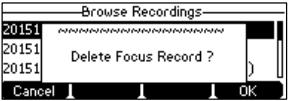 To delete a recorded file: 1. Press Menu -> USB Record -> Playback Recording. 2. Press or to highlight the recording you want to delete. 3. Press the Delete soft key.