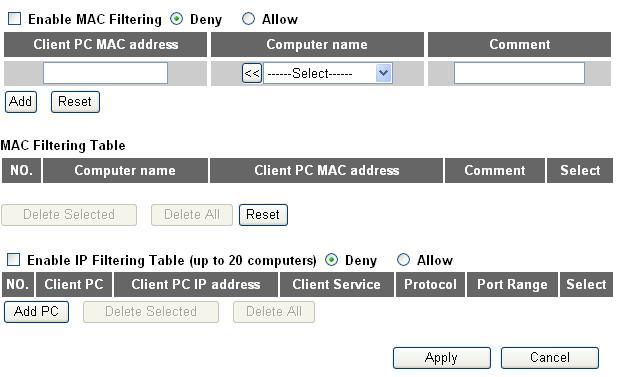 4. Appendix 3-3-1 Access Control This function allows or denies computers with specific MAC address from connecting to the network; it can also allow or deny computers with specific IP address,