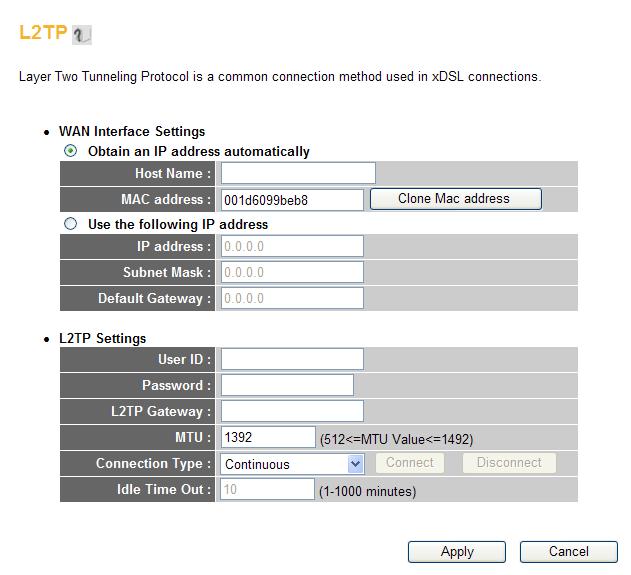 2-5-5 Setup procedure for L2TP : 1 2 3 4 5 6 Here are descriptions of every setup items: User ID (1): Please input user ID (user name) assigned by your Internet service provider here.