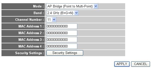 2-7-1-4 Setup procedure for AP Bridge-Point to Multi-Point : In this mode, you can connect your wireless router with at least four wireless routers to expand the scope of wireless network, and all