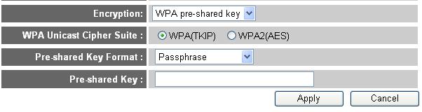 2-7-3-3 Wi-Fi Protected Access (WPA): When you select this mode, the wireless router will use WPA encryption, and the following setup menu will be shown on your web browser: 1 2 3 4 5 Here are