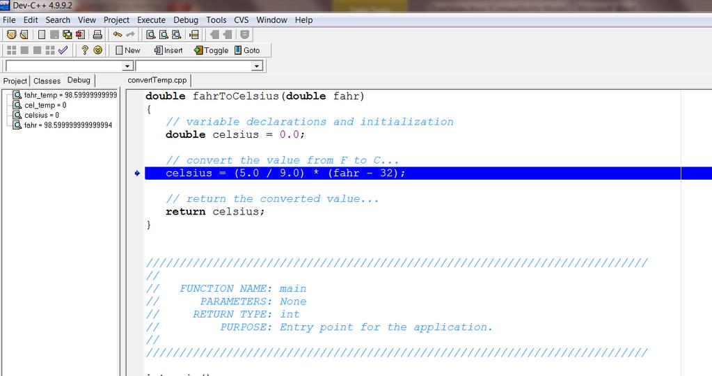 PALMS MODULE 2 LAB: FUNCTIONS IN C++ 7 int main() { variable declaration and initialization double fahr_temp = 0.0; variable declaration and initialization double cel_temp = 0.0; prompt the user.