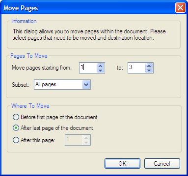 Page 17 of 32 Moving Pages Pages can be moved within the document by using "Move Pages" operation. It is available from Acrobat's main menu as "Plug-ins > AutoPagex Plug-in > Move Pages..." menu entry.