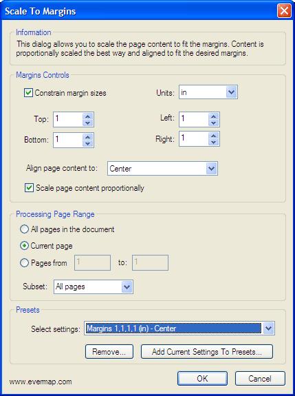 Page 21 of 32 Scaling To Page Margins Page content can be enlarged or reduced to fit specific page margins by using "Scale To Margins" operation.