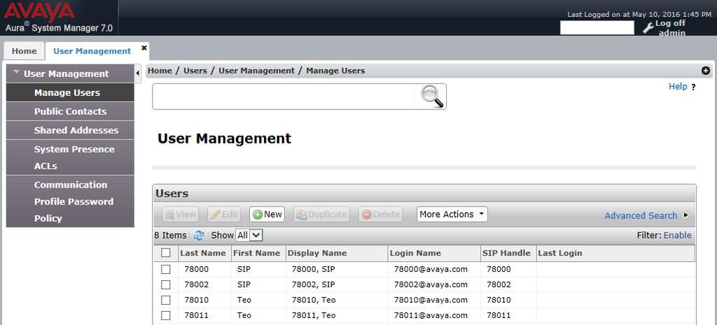 6.2. Administer SIP User In the subsequent screen (not shown), select Users User Management Manage Users to display the User Management screen