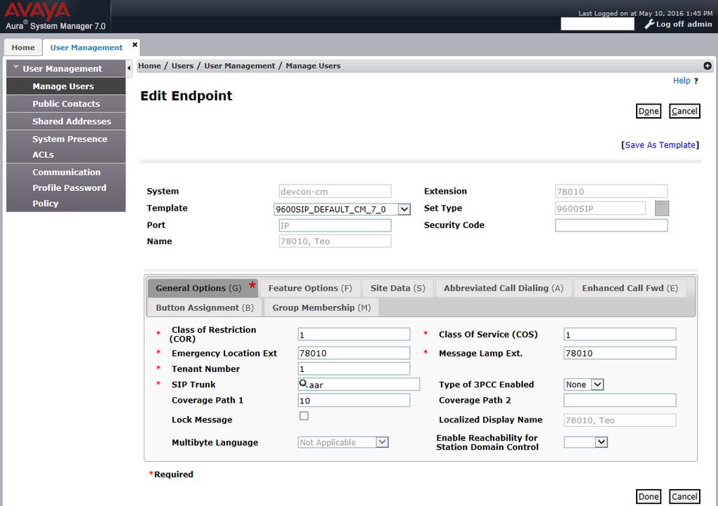 In the CM Endpoint Profile sub-section, click the Endpoint Editor button to display the page below.