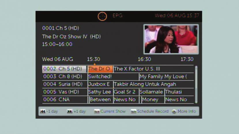 4.1 EPG To access Electronic Program Guide, press EPG on your remote control during Digital TV. This allow you to access the Electronic Program Guide to show all the program listing.