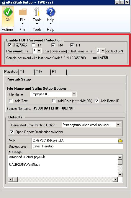 CHAPTER 2 EPAYSTUB SETUP To enable PDF password protection: 1. Open the epaystub Setup window. (Microsoft Dynamics GP menu >> Tools >> Setup >> epaystub for CPR >> Main Setup) 2.