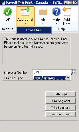 CHAPTER 3 EPAYSTUB PROCEDURES To e-mail employee T4A s 1. Open the Payroll Cheque Reports - Canada window.