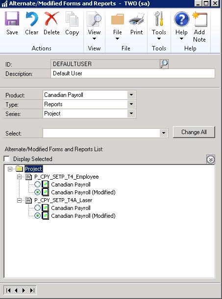 CHAPTER 4 EPAYSTUB REPORTS 2. Select the ID associated for alternate / modified forms for logged in users (as a default this usually is DEFAULTUSER. 3. Select Product as Canadian Payroll. 4. Select Type as Reports.