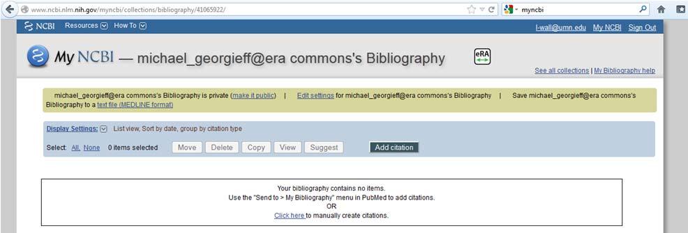 Click on the specific link and the bibliography for that person will be available to you to create/edit.