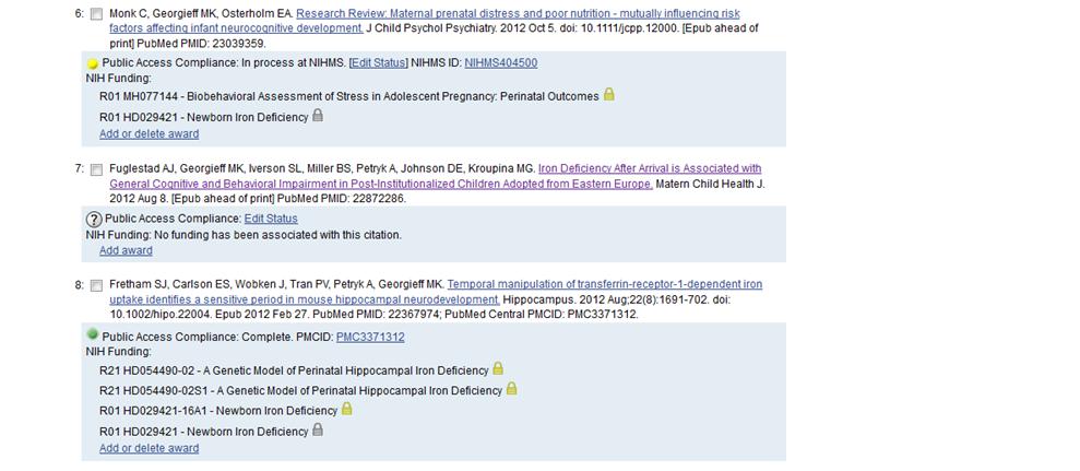 Using Award view, see examples below of publications and corresponding levels regarding compliance with the NIH Public Access Policy
