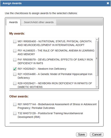 Check an award to associate it with the publication, then click on Save.