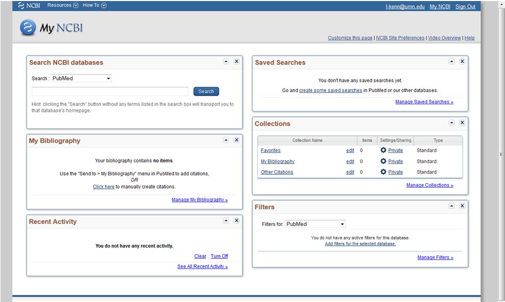 Your NCBI account is now created (and linked to your era Commons account). You should see the screen titled My NCBI.