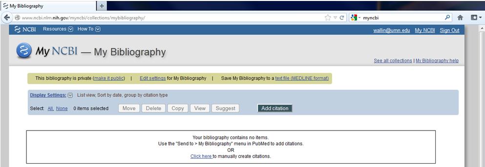 On the resulting screen titled My NCBI My Bibliography, click on Edit settings for My Bibliography On the resulting screen find Delegates and click on Add a Delegate.