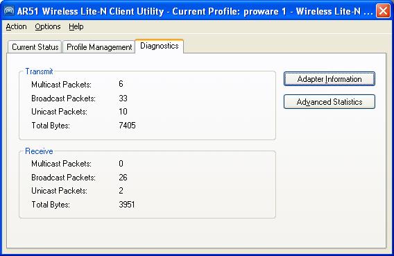 3.1.3 Diagnostics The Diagnostics tab of the AR51 Wireless Lite-N Client Utility (AWCU) provides buttons used to retrieve receiving and transmitting statistics.