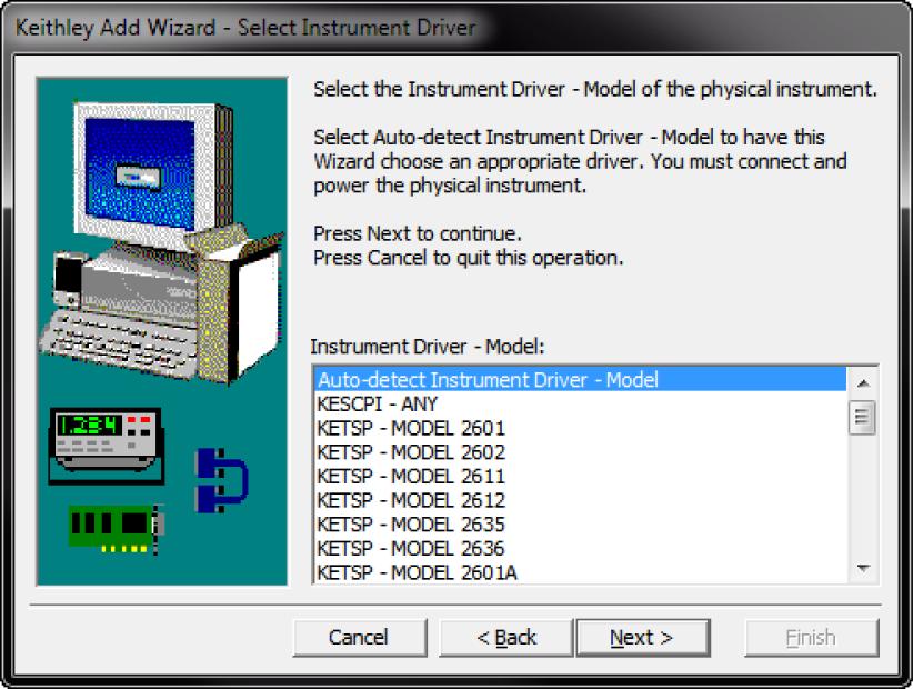 The Select Instrument Driver dialog box is displayed. Figure 15: Select Instrument Driver dialog box 6. Select Auto-detect Instrument Driver - Model. 7.