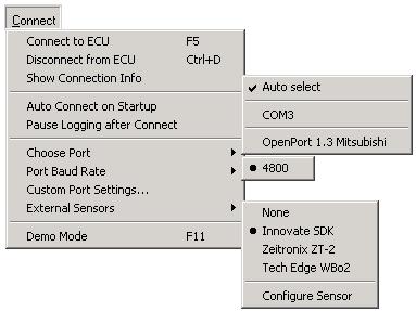 4.2 Main menu 4.2.1 Connect menu functions Connect to ECU the connection through selected port to ECU; Disconnect from ECU disconnection from ECU; Show Connect Info obtaining information about ECU;