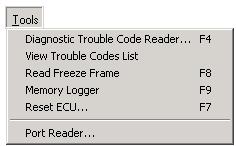 4.2.7 Tools menu functions Diagnostic Trouble Code Reader reading trouble codes from ECU; View Trouble Codes List view descriptions of all of available errors; Read Freeze Frame reading the value of