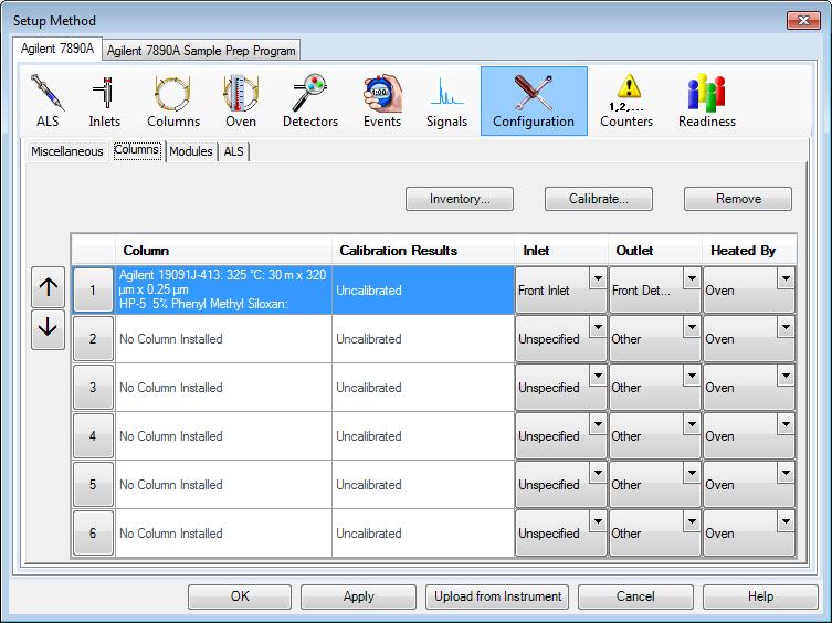 2 Create a Method for Qualitative Analysis 3 Select the Columns tab to display the column configuration parameters. The HP-5 checkout column is listed in the Column position 1.
