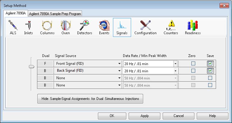 Create a Method for Qualitative Analysis 2 8 Click Show Signal Assignments for Dual Simultaneous Injections to display a Dual column and slider selector on the left side of the table.