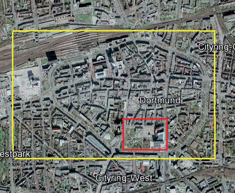 City center (Dortmund, Germany) OBLIQUE SYSTEM IGI PentaCam (80/80) GSD 10cm 1260 images (yellow area) UAV (3 selected buildings) oblique/nadir, GSD