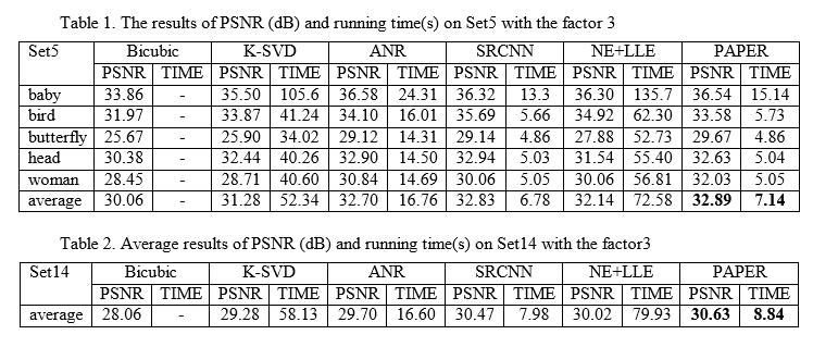 Here, we only show the Set5 detail result and give the average result of Set 14 in Table 2. We got the average PSNR 32.89 (Set5) and 30.63(Set14) in our method.