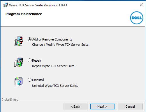 Figure 22. Wyse TCX Server Suite 4 Select Add or Remove Components, and click Next.
