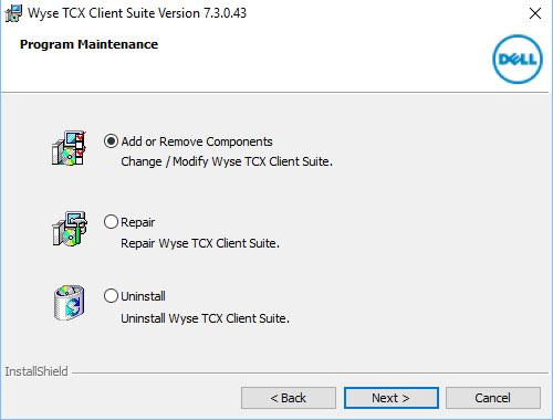 This is to modify, repair, or remove Wyse TCX Client Suite, click Next. Figure 26. Wyse TCX Client Suite 3 The Program Maintenance screen is displayed.