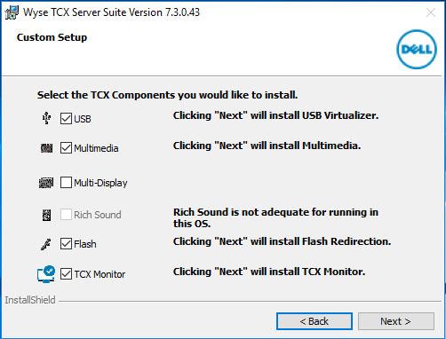 The Custom Setup screen is displayed. Select the TCX components you would like to install, and click Next. Figure 42.