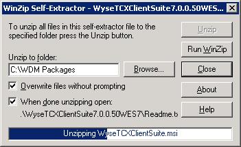3.0.xxWES7 file to start the process. b The WinZip Self-Extractor dialog box is displayed. To unzip the files click Unzip, the default location of the extracted files is C: \WDM Packages.
