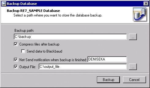 U PDATE THE RAISER S EDGE 5 2. In the Perform Backup frame, click Backup. The Backup Database screen appears. 3. In the Backup path field, select a location for the backup.