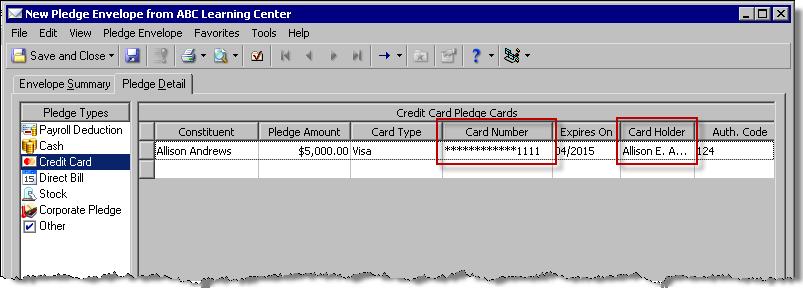 Workplace Giving On the Pledge Detail tab of a Pledge Envelope, The Raiser s Edge no longer displays unmasked credit card numbers.
