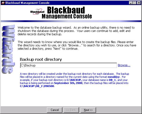 U PDATE THE RAISER S EDGE 7 3. Click Backup Database. The database backup wizard appears.