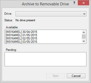 To archive to Removable disk: 1. Close all log sheets. 2. Do one of the following: a. From the Record menu click Archive or b. From the Recorder bar, click 3.