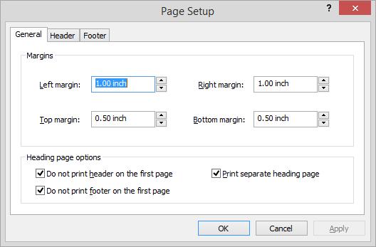 To change page setup: 1. Click the Menu button, point to File and click Page Setup. 2. In the General tab, select margins and heading page options. 3. Set margins, as required. 4.