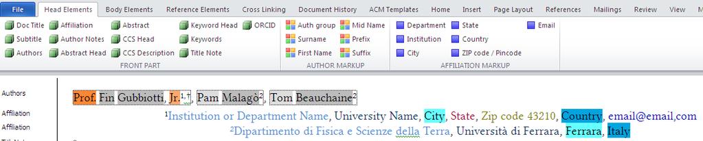 Head Elements Head Elements is the first menu item of the ACM Word template, which allows you to identify and mark the front matter of the manuscript.