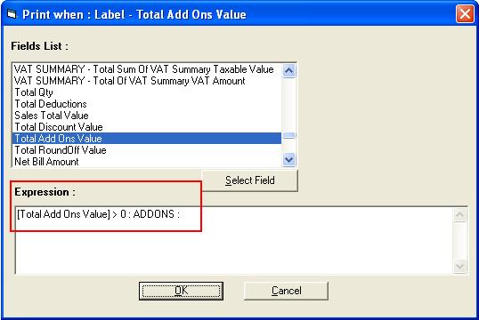 Example: The option, Total Add Ons Value from the Footer section is selected. Right click the mouse on the text value displayed and select Edit to change the text to ADDONS.